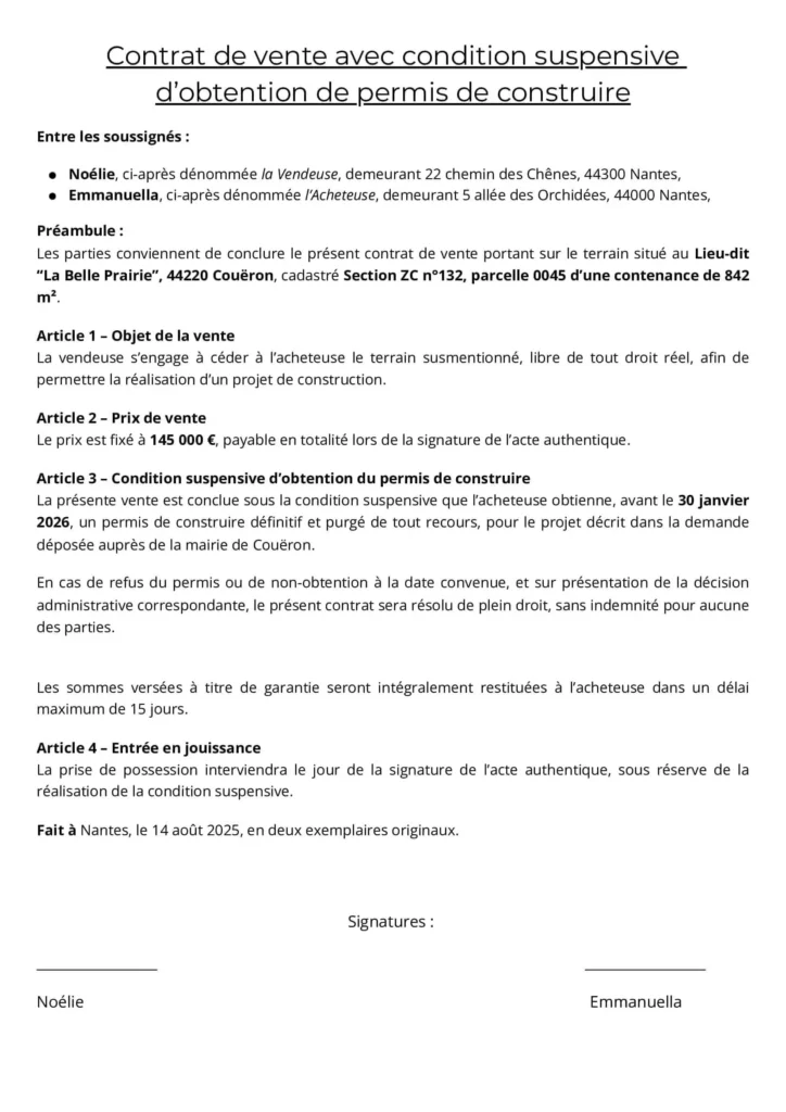 contrat vente clause suspensive obtention permis construire