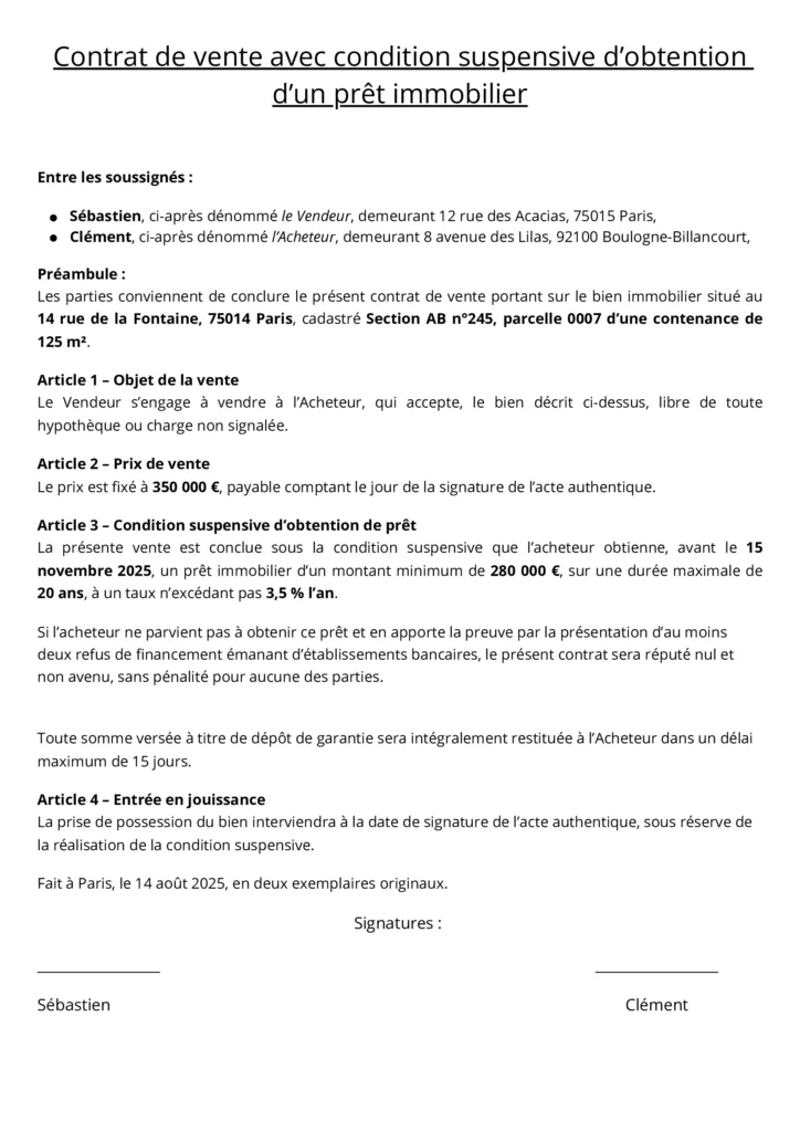 contrat vente condition suspensive obtention prêt immobilier