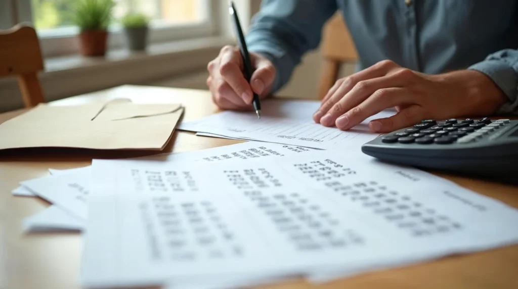 Documents de succession et calculatrice sur une table, avec des mains comparant des montants pour comprendre l’abattement applicable.