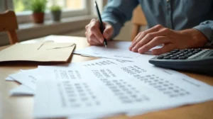 Documents de succession et calculatrice sur une table, avec des mains comparant des montants pour comprendre l’abattement applicable.