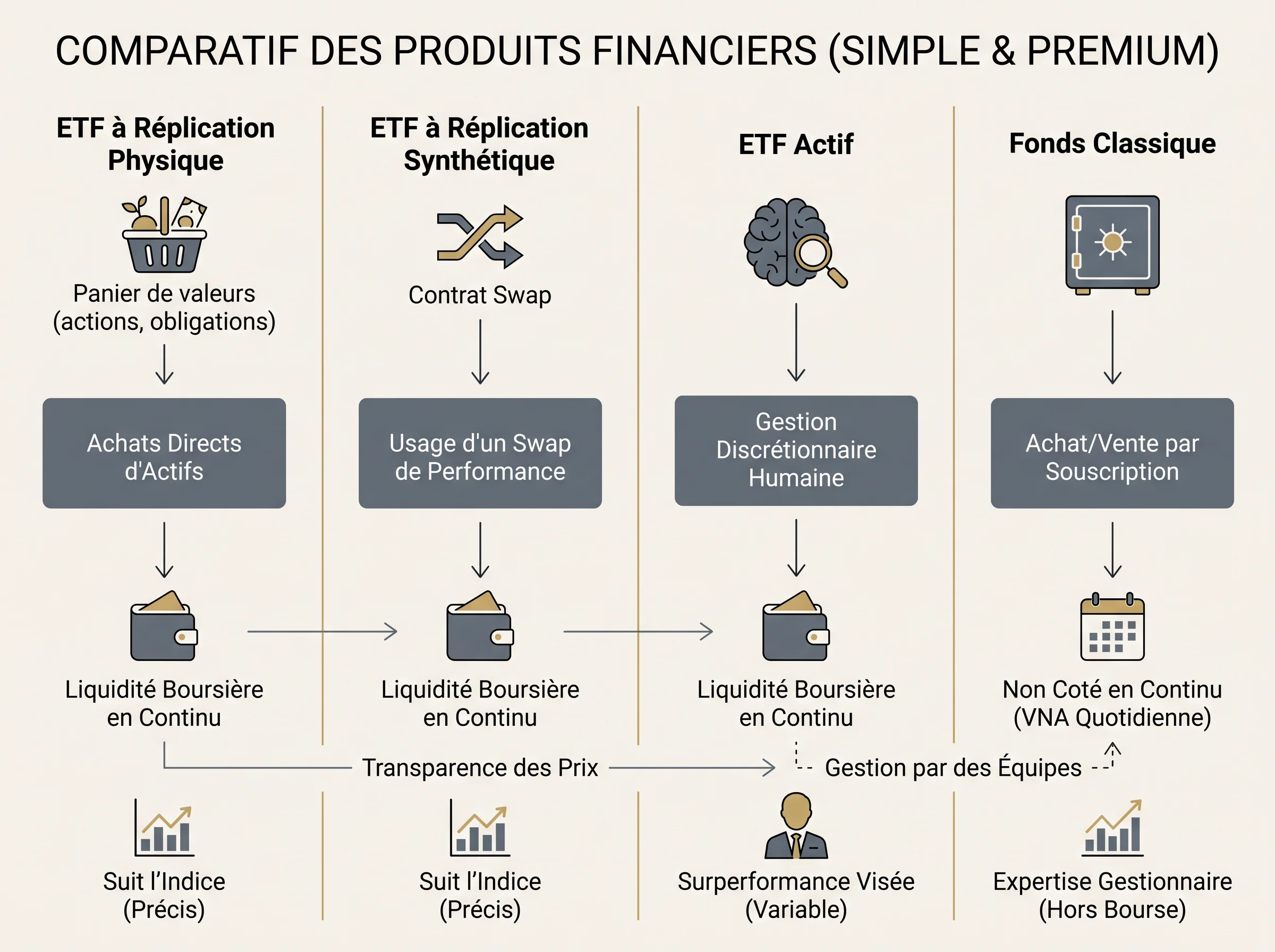 Schéma comparatif entre ETF physique, ETF synthétique, ETF actif et fonds classique.