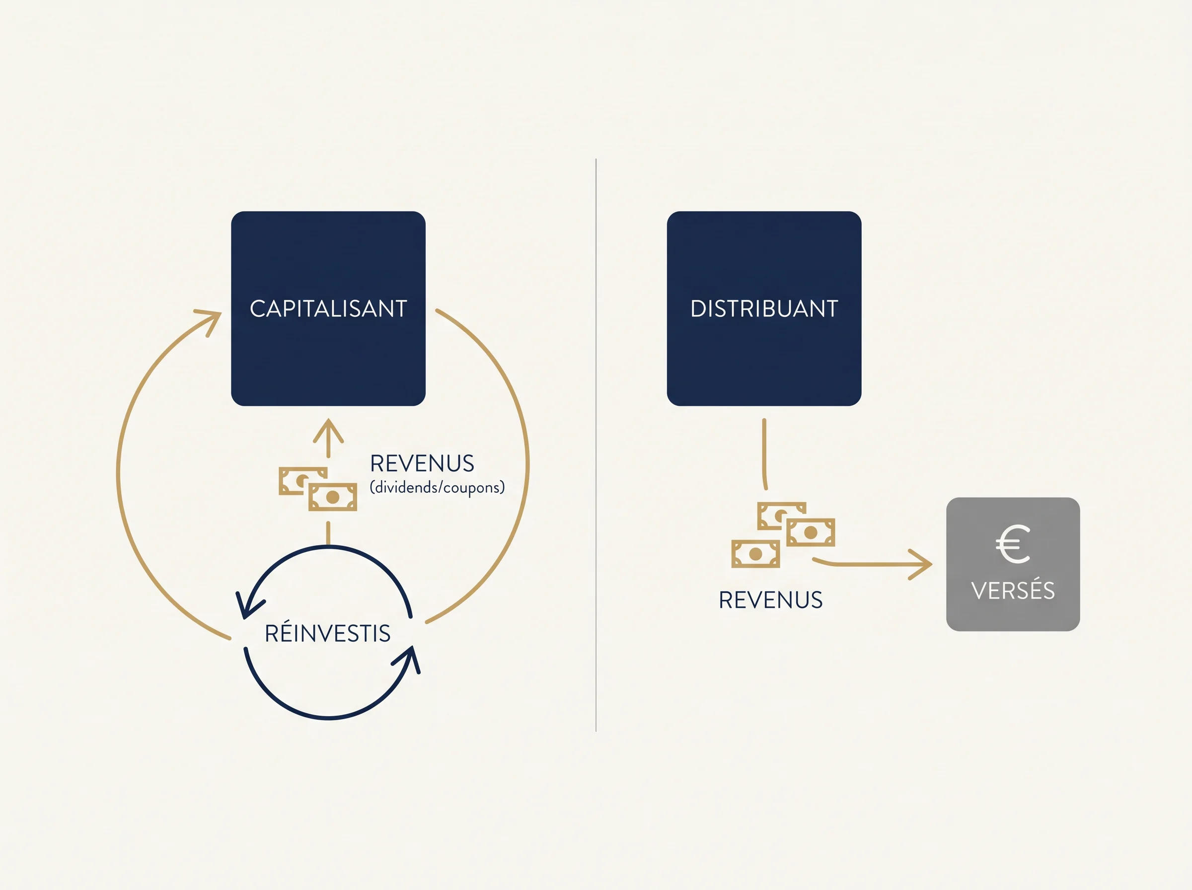 Schéma comparatif entre ETF capitalisant et ETF distribuant, avec revenus réinvestis d'un côté et revenus versés de l'autre.