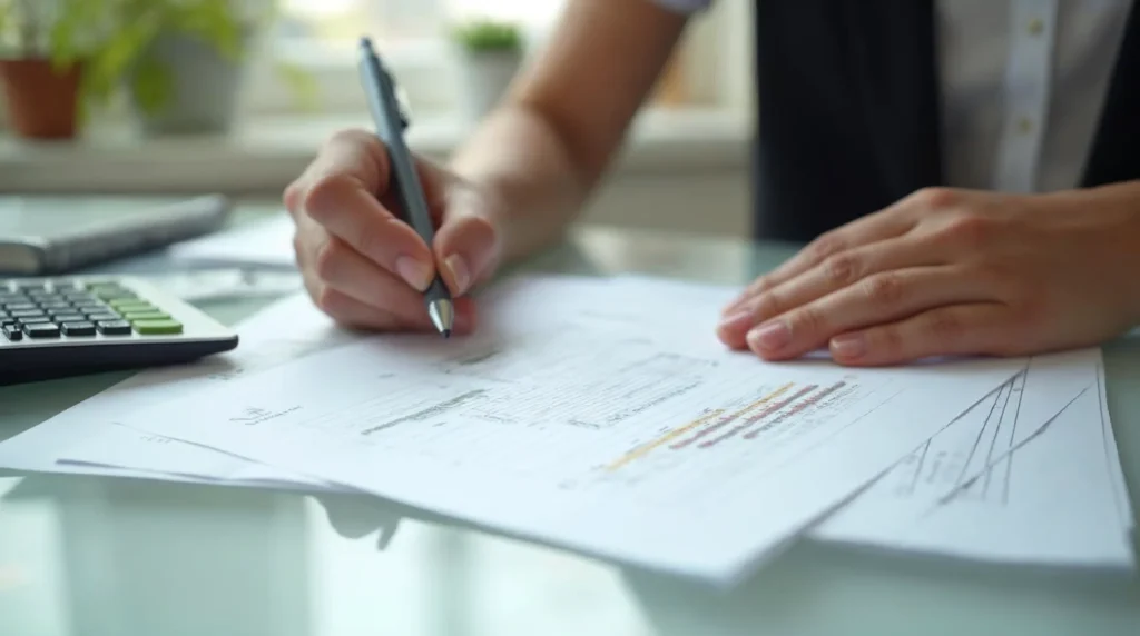Documents d’assurance vie examinés sur une table avec calculatrice et notes pour comparer les frais du contrat.