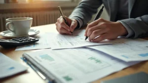 Documents, calculatrice et notes de frais sur une table pour évaluer le rendement d’un investissement locatif.