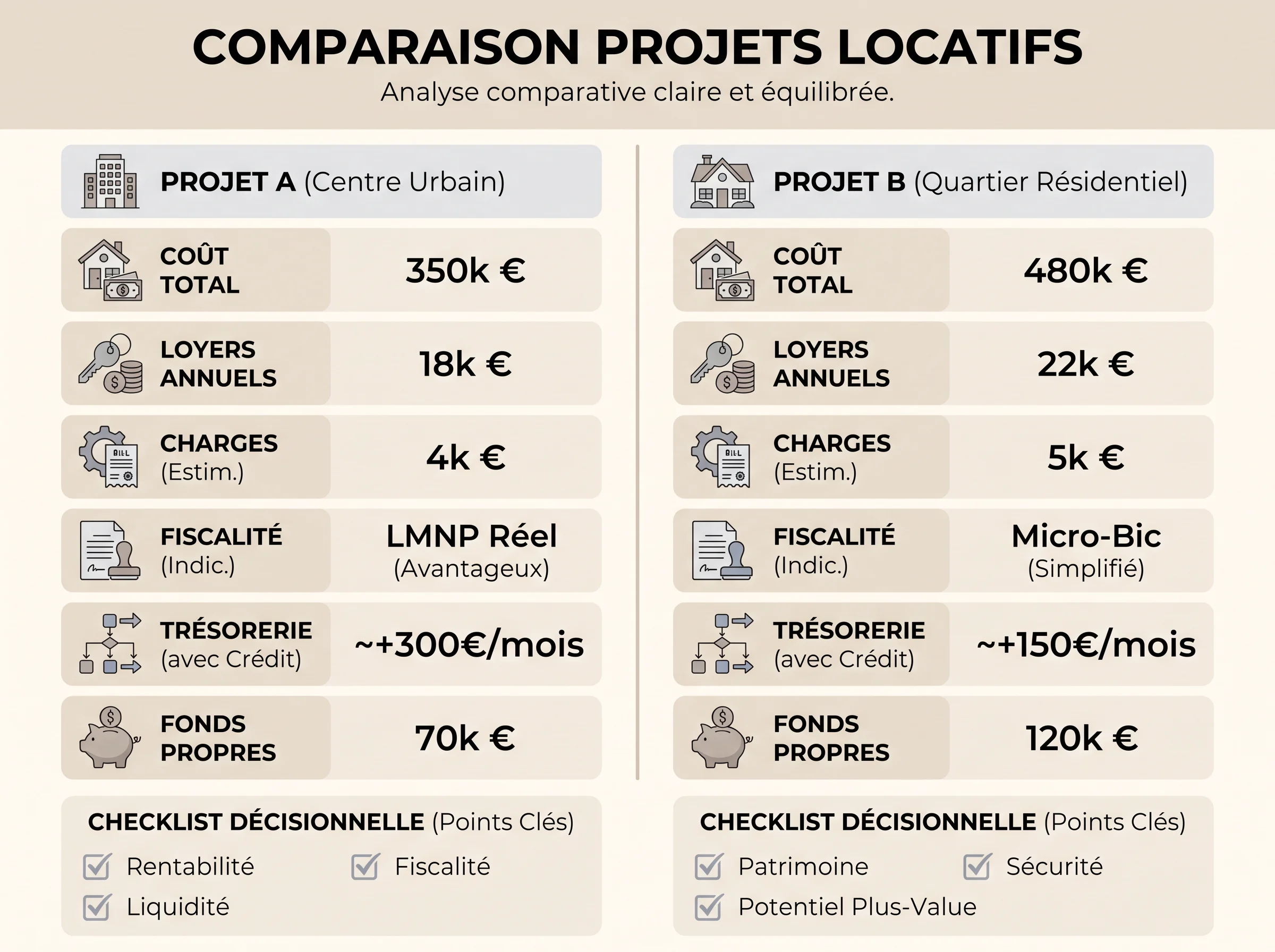 Schéma comparatif de deux projets locatifs évalués avec les mêmes hypothèses.