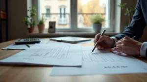 Comparaison de deux biens locatifs avec documents, calculatrice et plan d'appartement sur une table