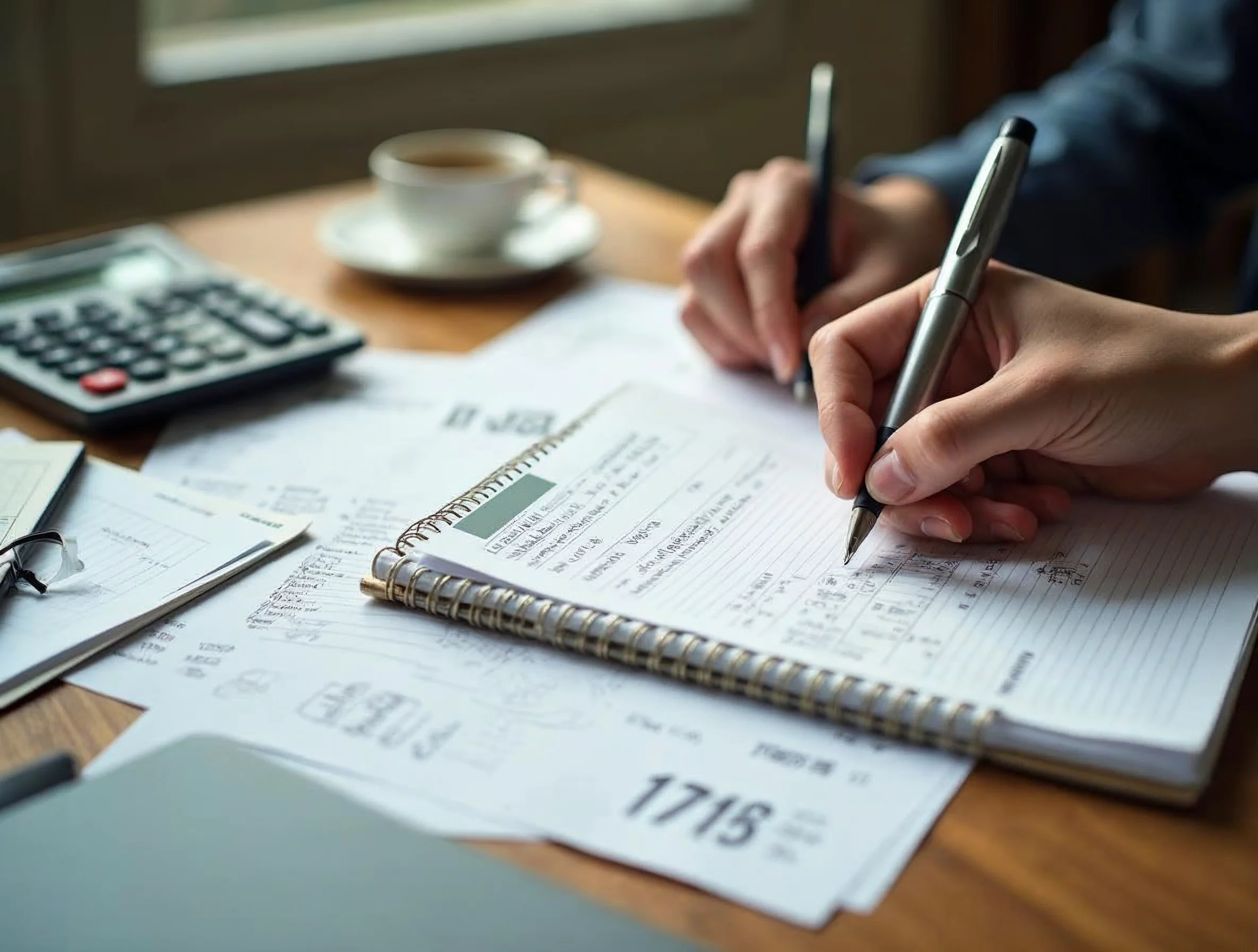 Prendre en compte le coût total d'acquisition Documents d'achat immobilier avec calculatrice, clés et estimation de travaux