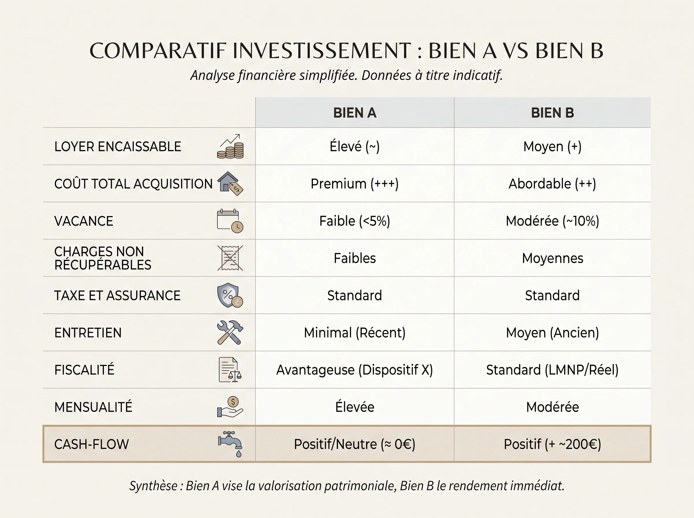 Tableau de comparaison homogène entre deux biens locatifs Tableau comparatif simplifié pour évaluer deux biens locatifs sur une base homogène