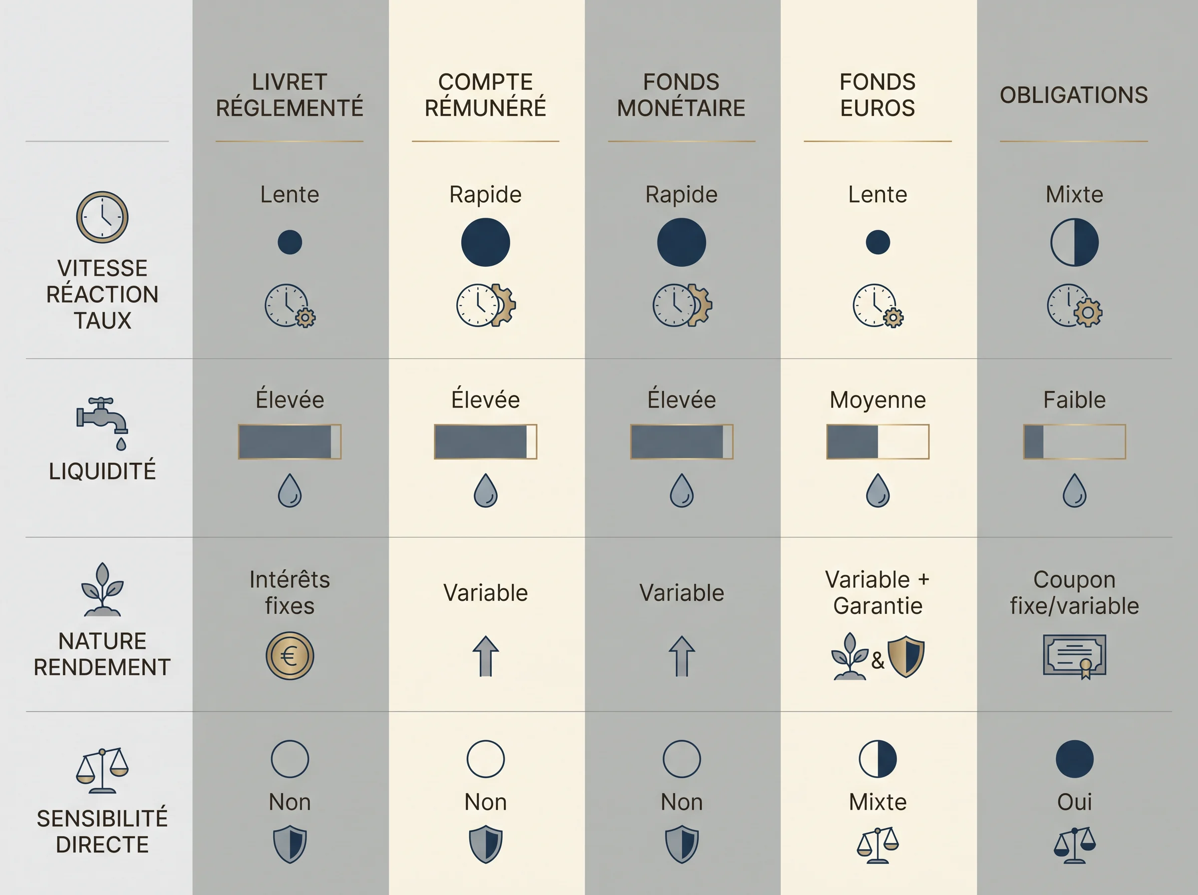 Tableau visuel comparant la rapidité de réaction de différents placements d’épargne aux taux de la BCE.