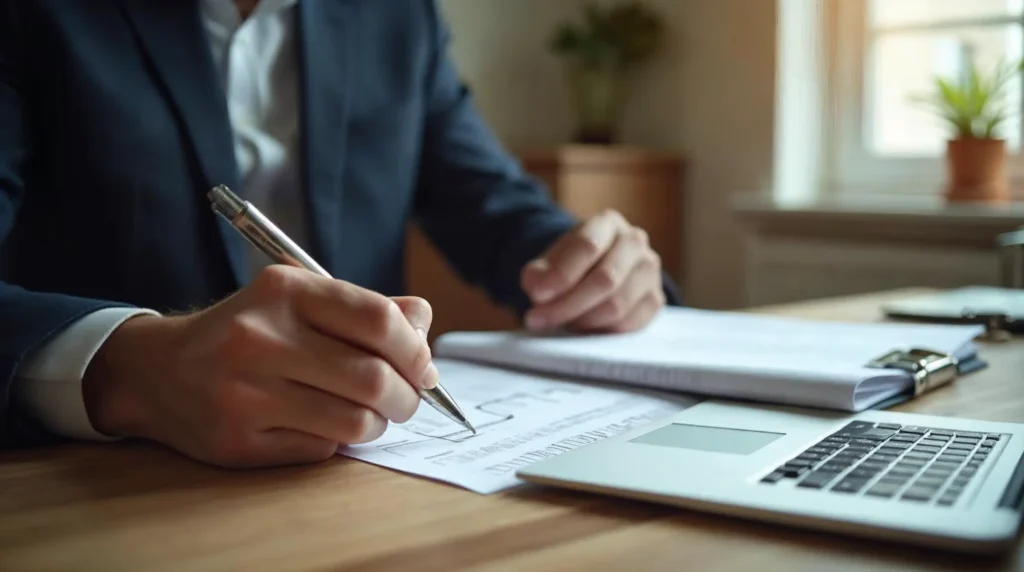 Investisseur particulier préparant un plan d’investissement de long terme avec des notes et des documents avant une décision en bourse