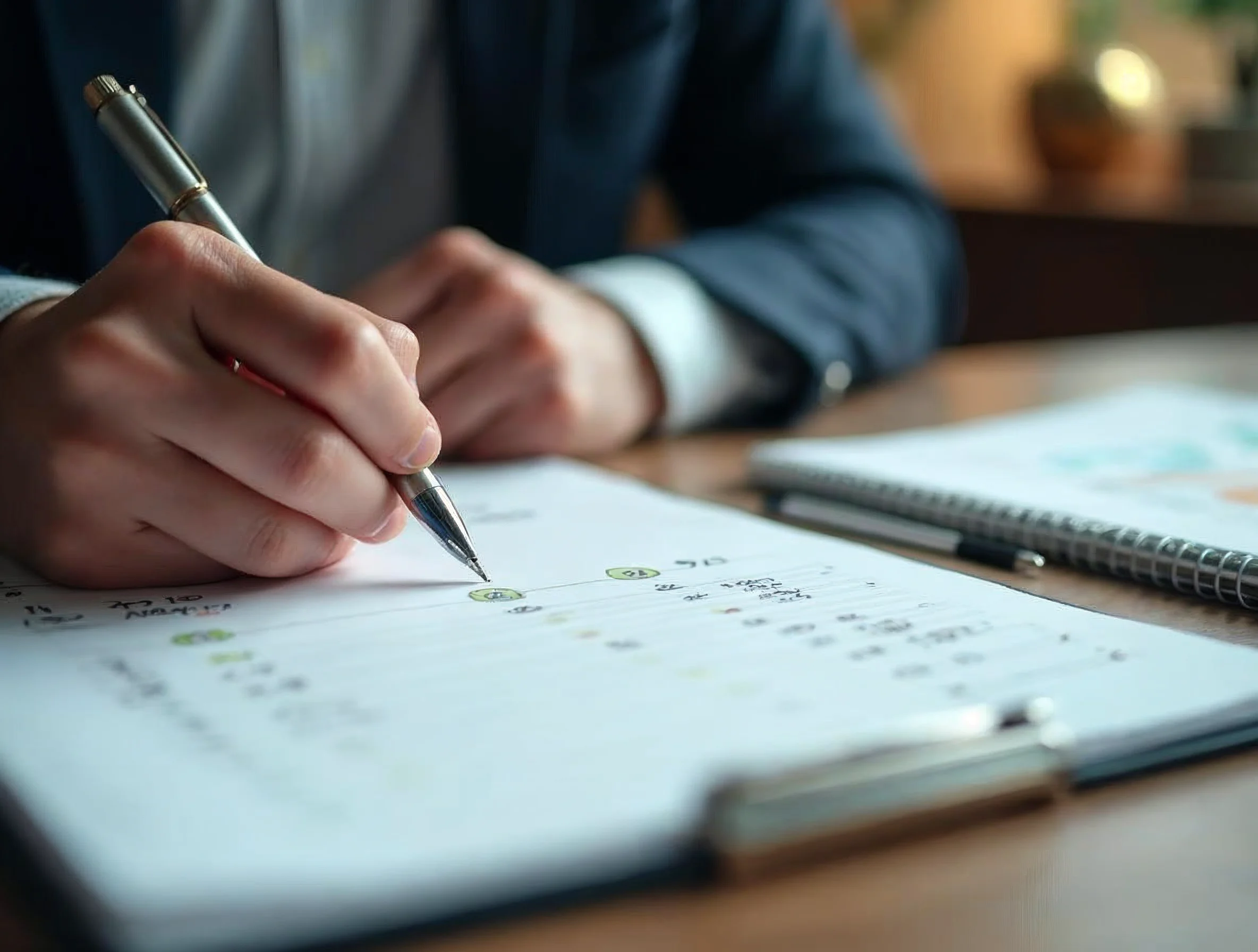 Formaliser un plan d’investissement avant d’acheter Mains d’un investisseur particulier préparant un plan d’investissement avec carnet et documents
