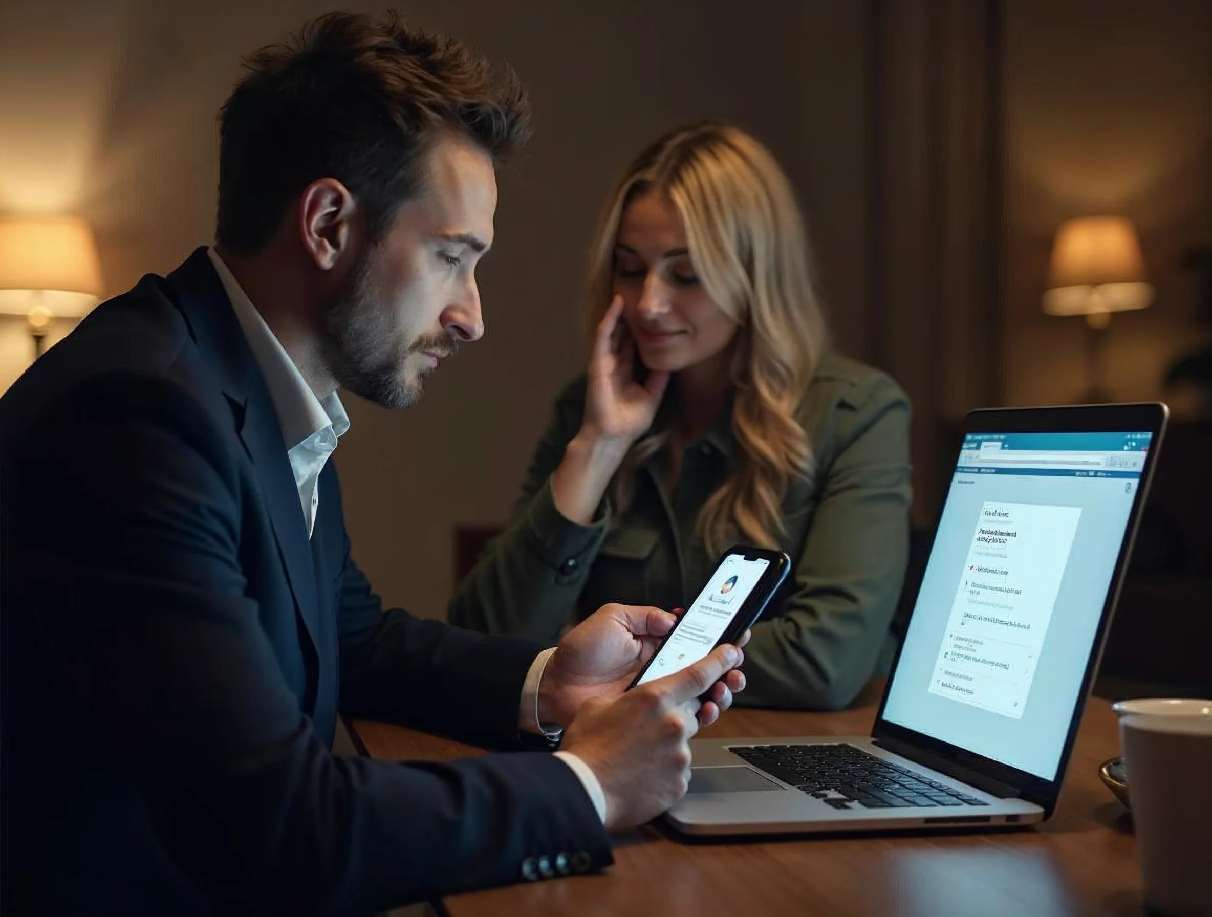 Contrôler la fiabilité d’une information avant d’exécuter un ordre Investisseur particulier vérifiant prudemment une source d’information sur smartphone et ordinateur avant une décision