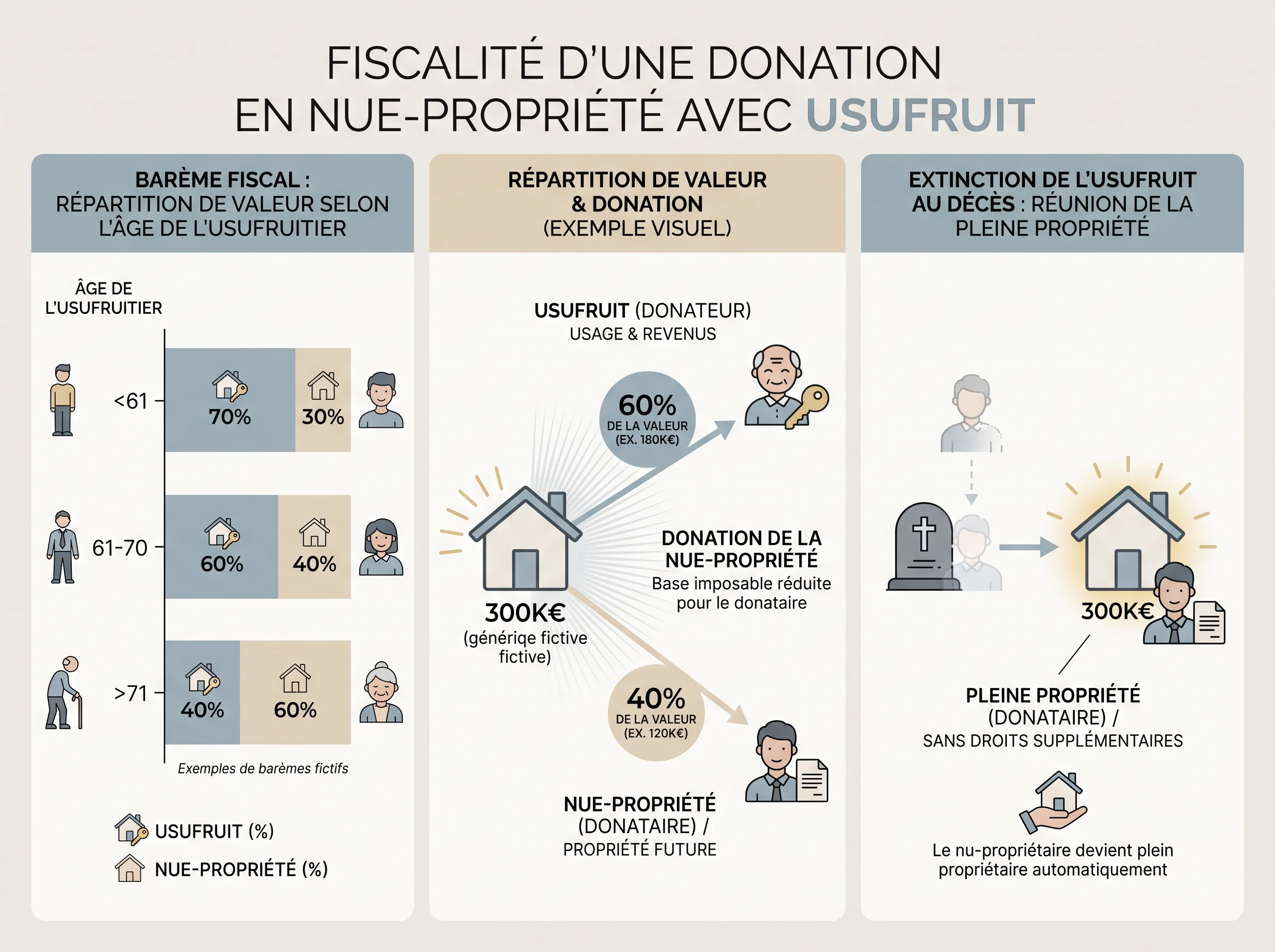 Infographie sur le barème fiscal de l'usufruit et de la nue-propriété avec effet de réunion de la pleine propriété au décès.