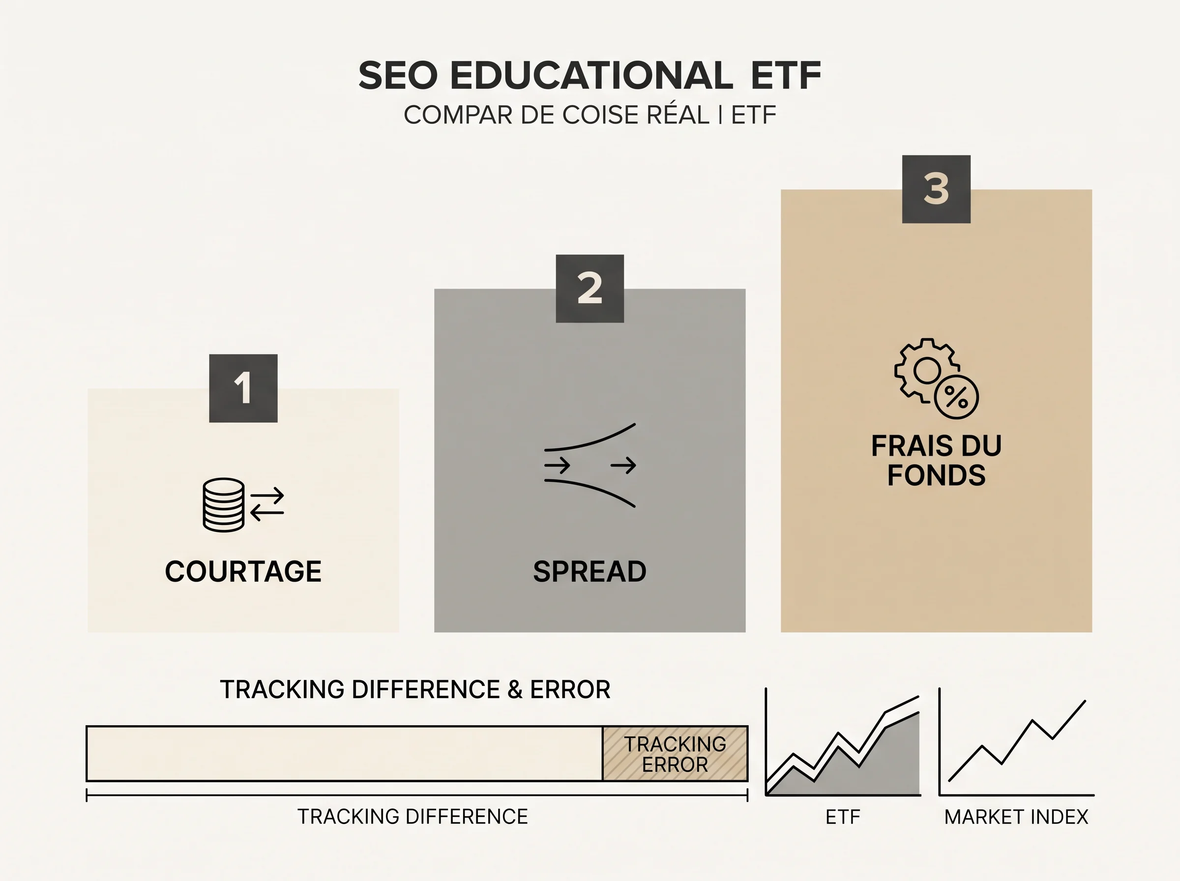 Schéma simple distinguant frais du fonds, spread, courtage et écart de suivi pour comparer un ETF.