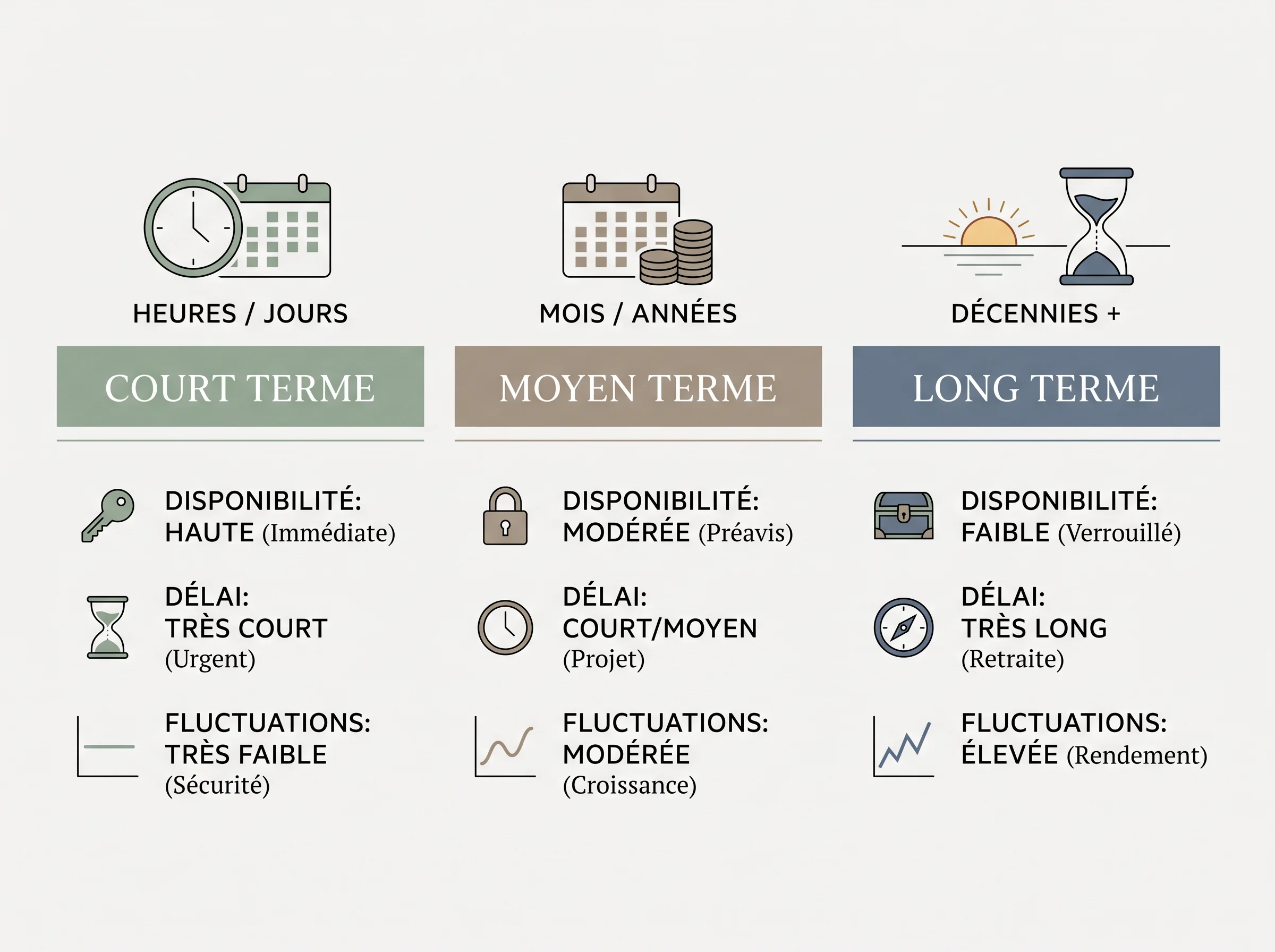 Schéma simple qui relie chaque objectif d'épargne à un horizon de temps et à un besoin de disponibilité.