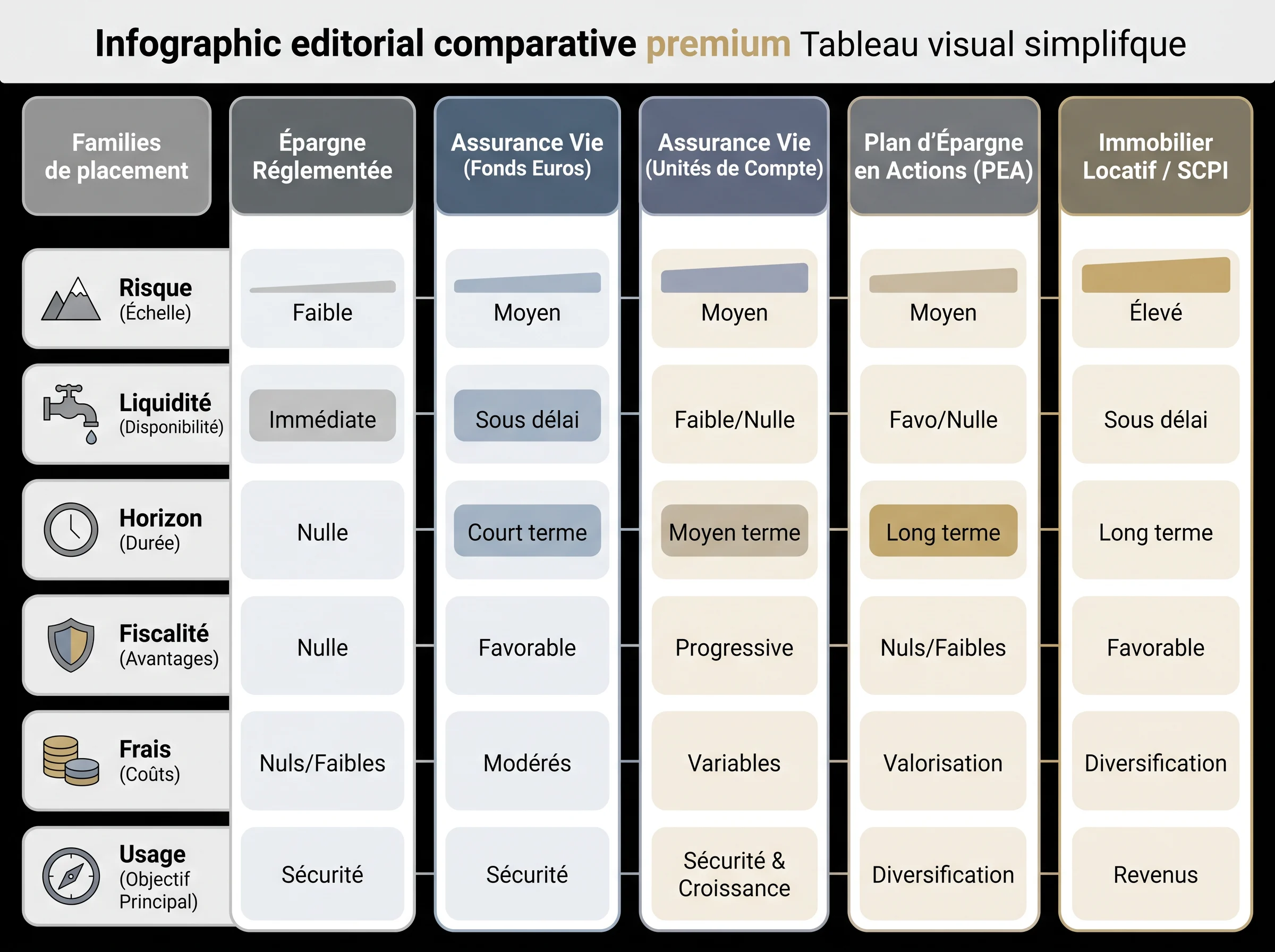 Tableau visuel simplifié comparant plusieurs familles de placements selon risque, liquidité, horizon, fiscalité et frais.