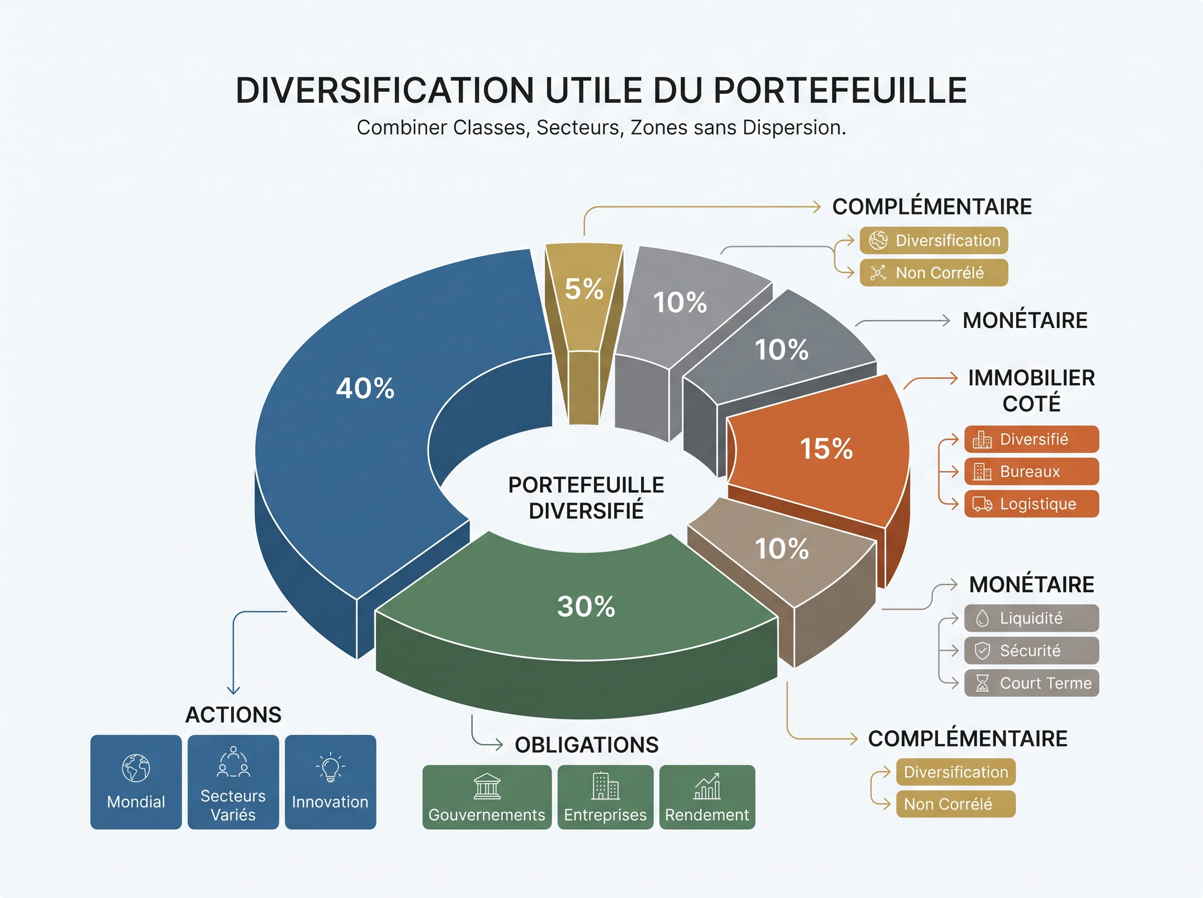 Schéma simple d’un portefeuille réparti en grandes poches d’actifs lisibles.