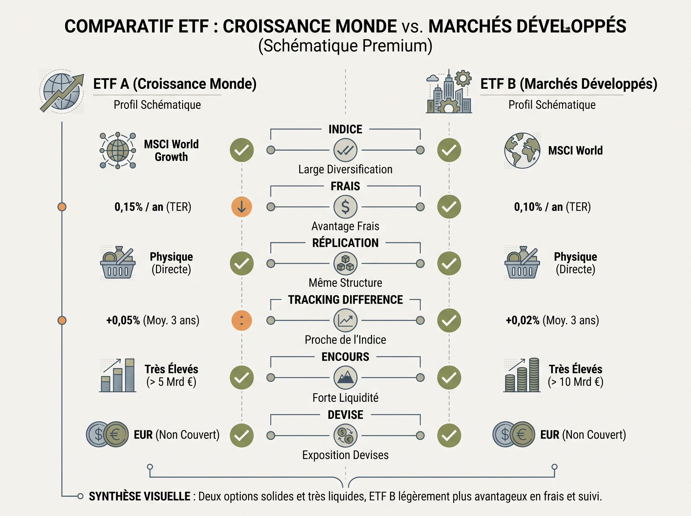 Checklist simple pour comparer deux ETF proches Checklist visuelle pour comparer deux ETF proches sur les critères vraiment utiles.