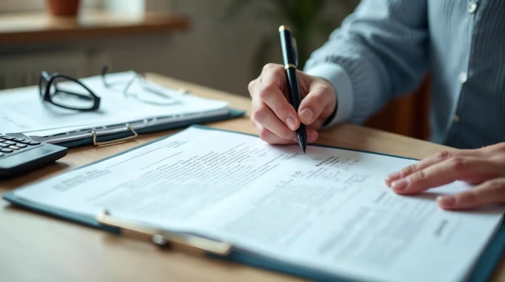 Lecture méthodique d’un document d’informations clés avec documents complémentaires sur une table.