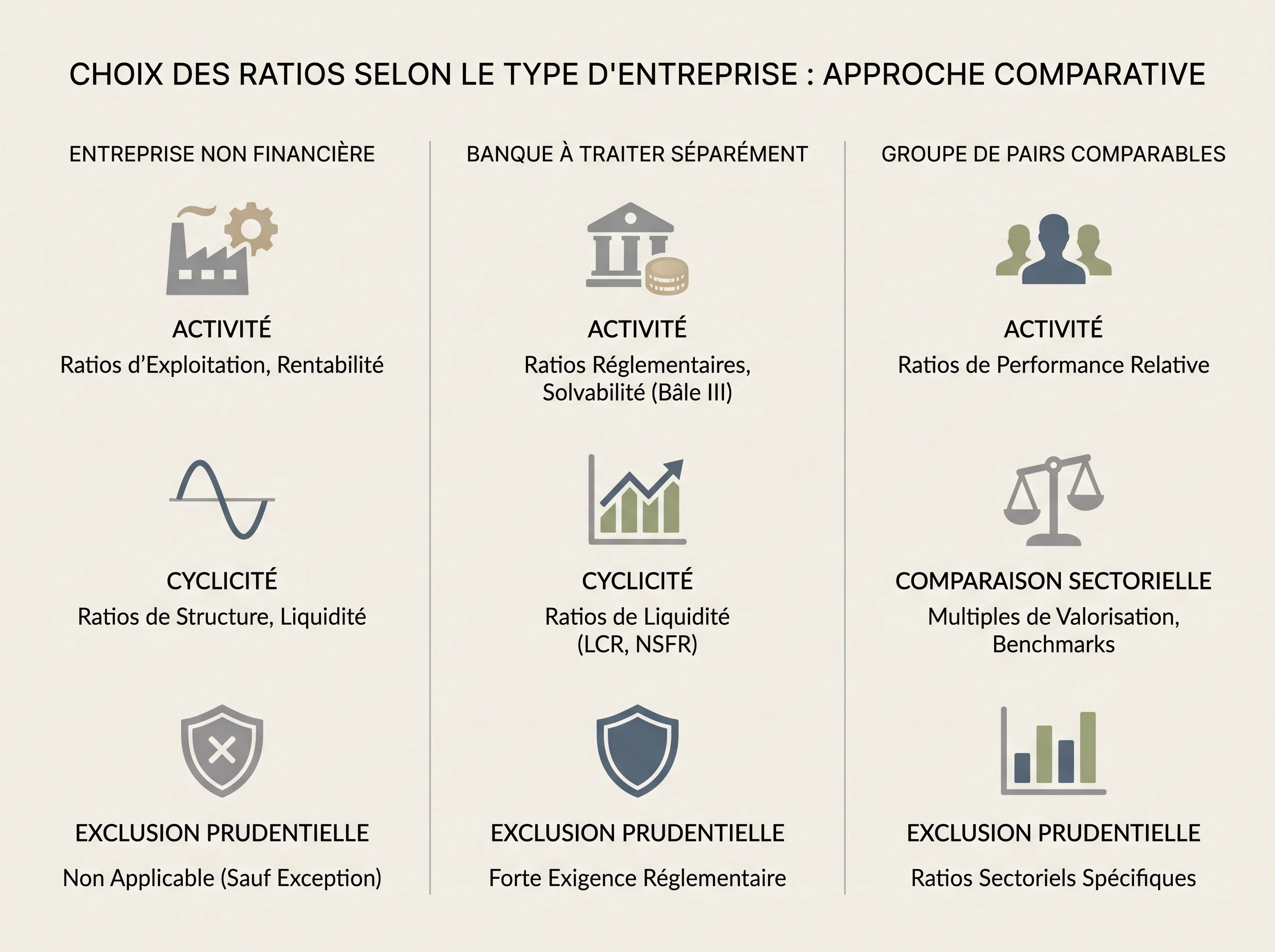 Choisir le bon cadre d’analyse avant les ratios Schéma comparatif montrant comment distinguer une entreprise non financière, une banque et un groupe comparable avant de choisir les ratios.