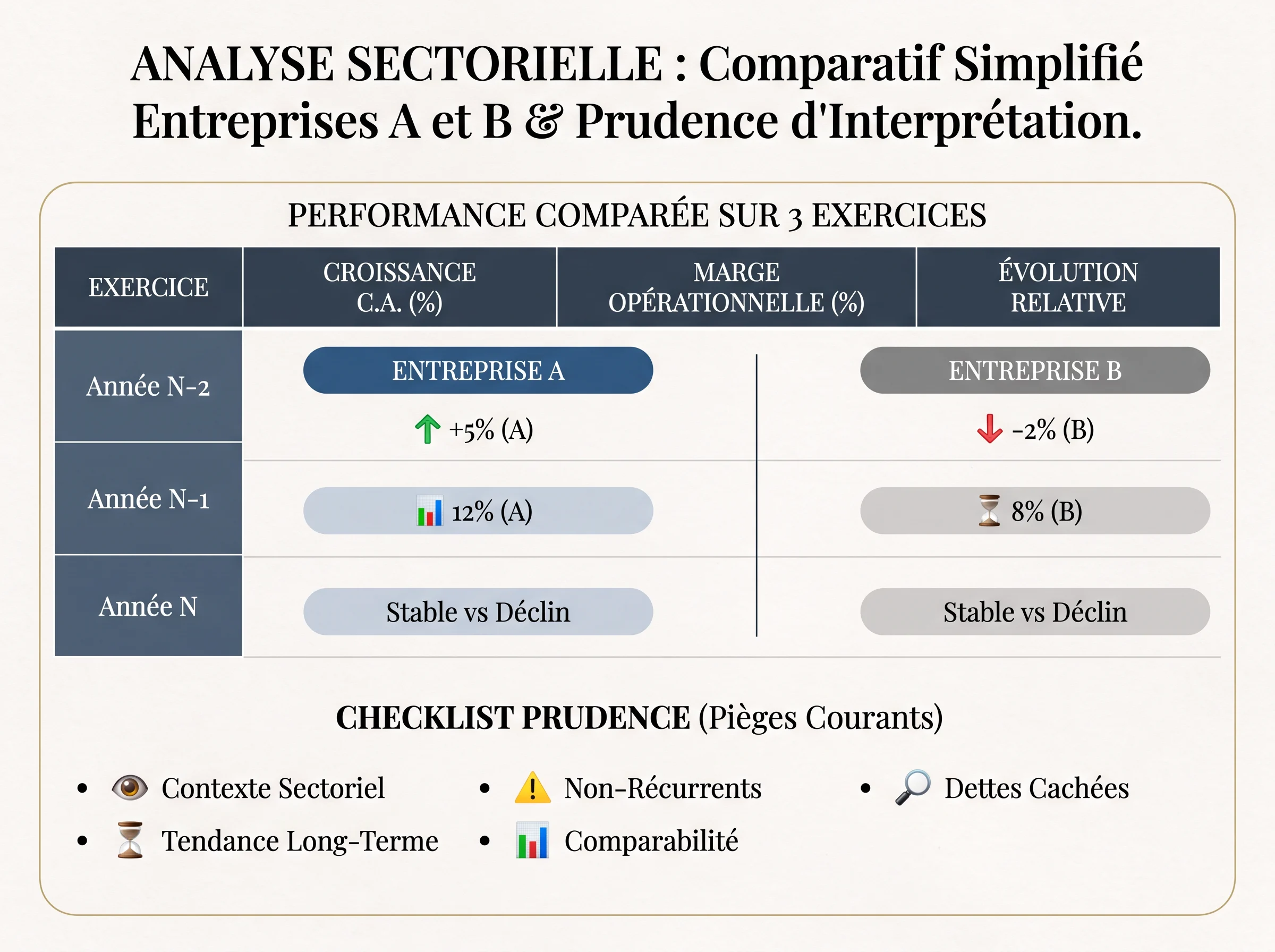 Comparer deux entreprises sur plusieurs exercices Tableau comparatif simplifié de deux entreprises sur plusieurs exercices avec une checklist finale de prudence.