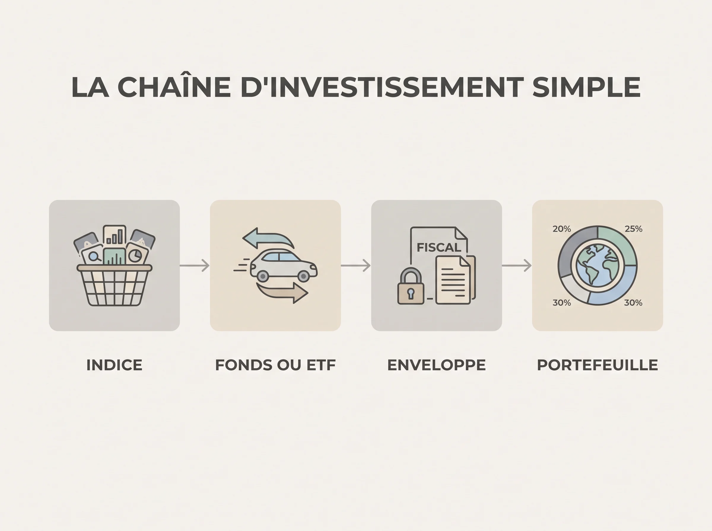 Schéma simple qui distingue indice, fonds ou ETF, enveloppe et portefeuille.