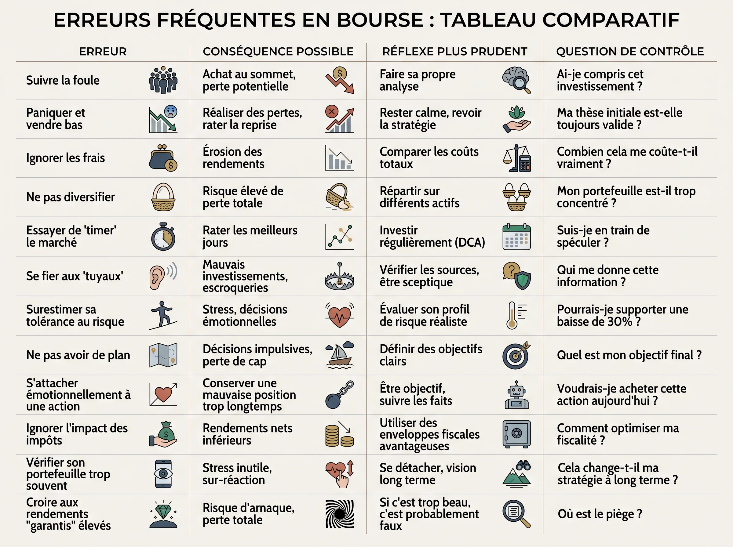 Vue d’ensemble des principales erreurs à éviter en bourse avec leurs conséquences et réflexes prudents.