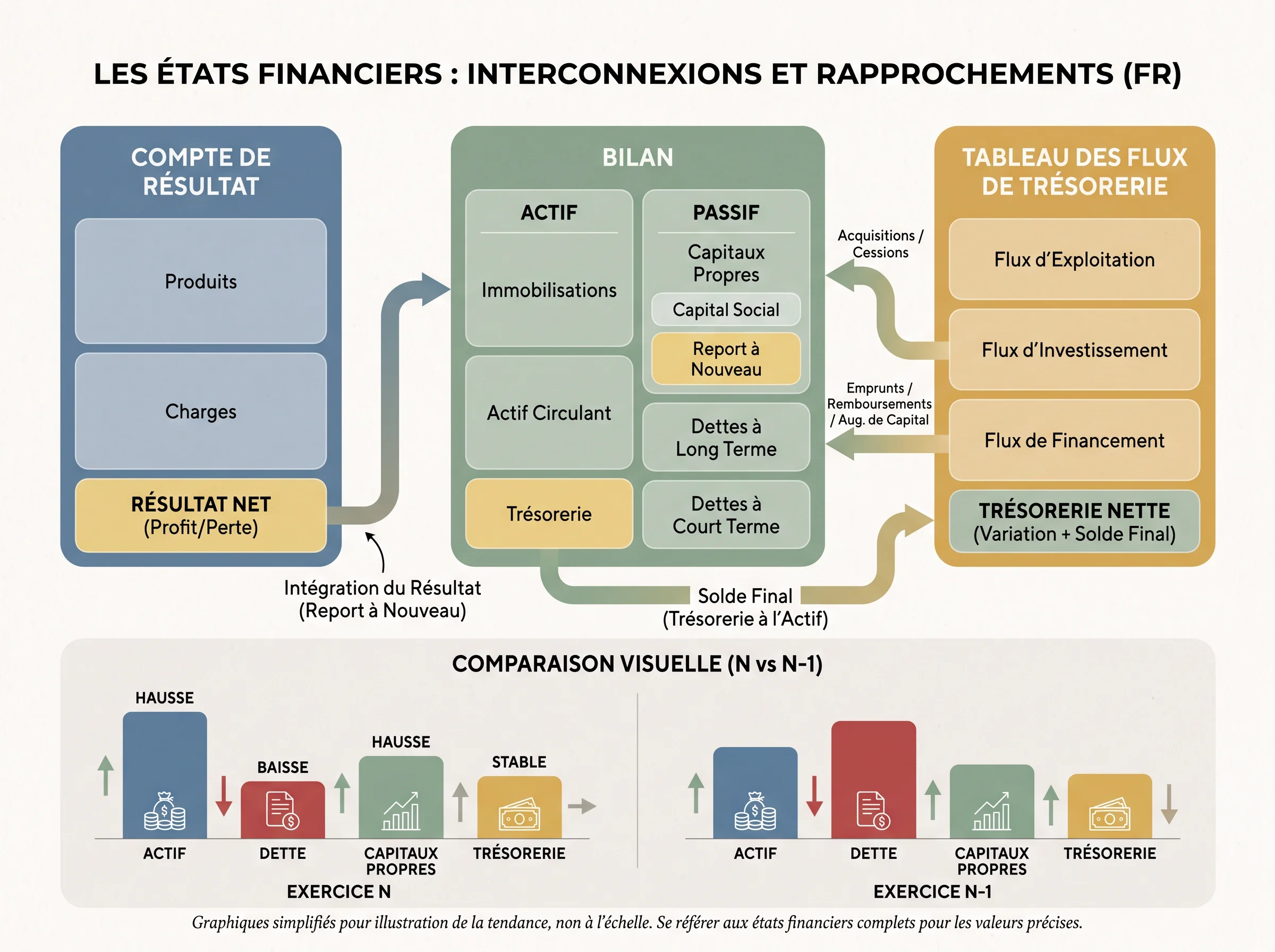 Schéma comparatif reliant compte de résultat, bilan et flux de trésorerie sur deux exercices.