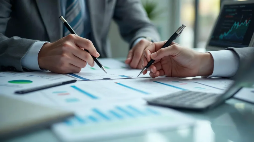 Investisseur comparant méthodiquement plusieurs ETF avec documents, notes et calculs de coûts.
