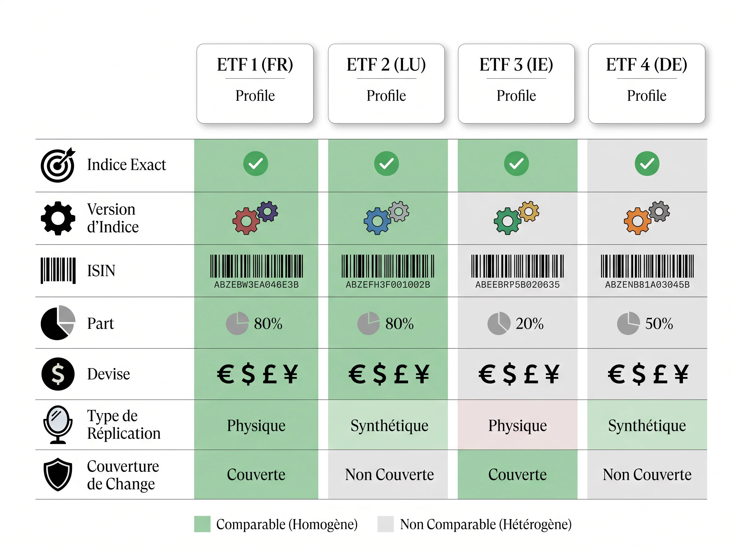 Schéma de vérification pour écarter les ETF non comparables avant de calculer les coûts.