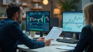 Investisseur comparant différents types d’ordres de bourse devant un écran de marché.