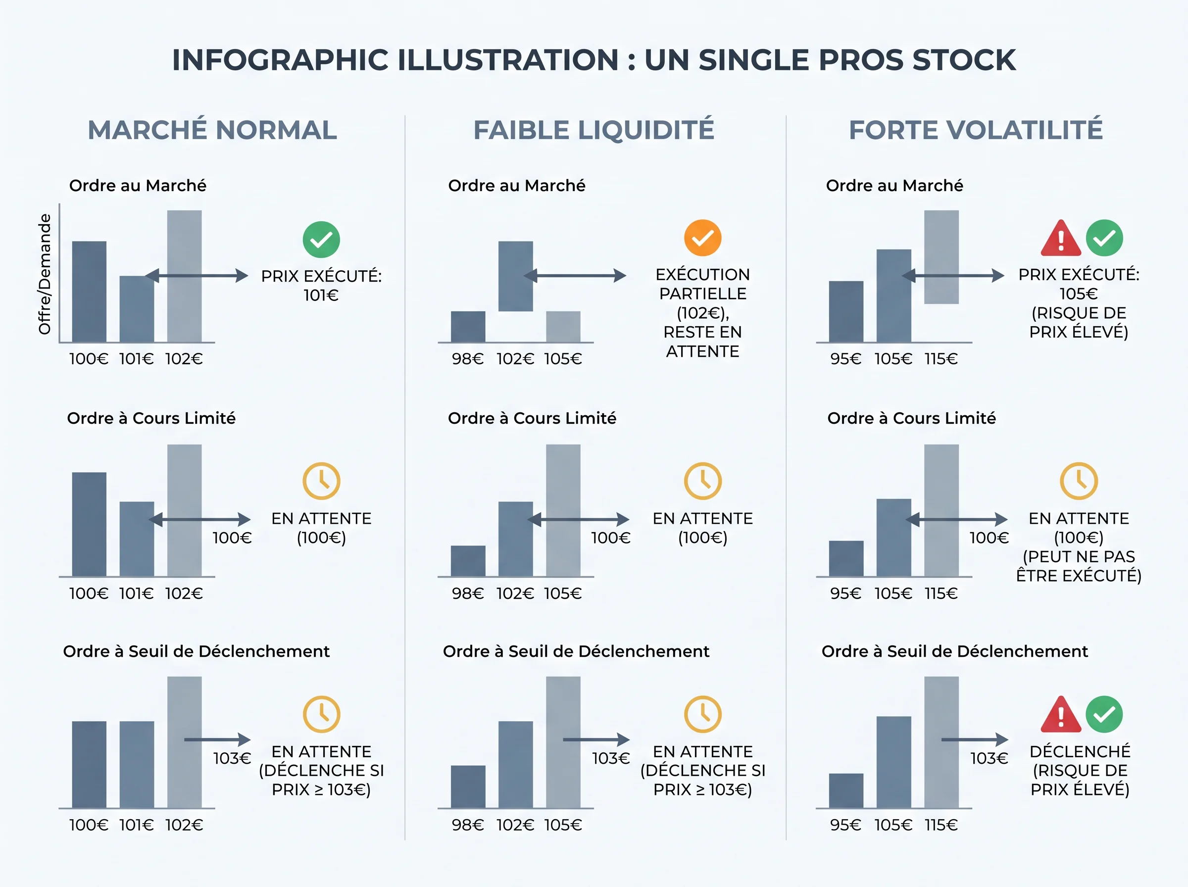 Trois scénarios pour comprendre l’exécution d’un ordre Comparaison visuelle du même ordre dans trois scénarios de marché différents.