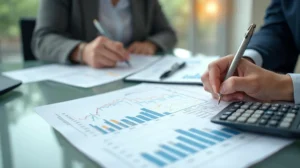 Audit visuel d'un portefeuille d'ETF avec documents de répartition, comparaison et suivi sur une table.