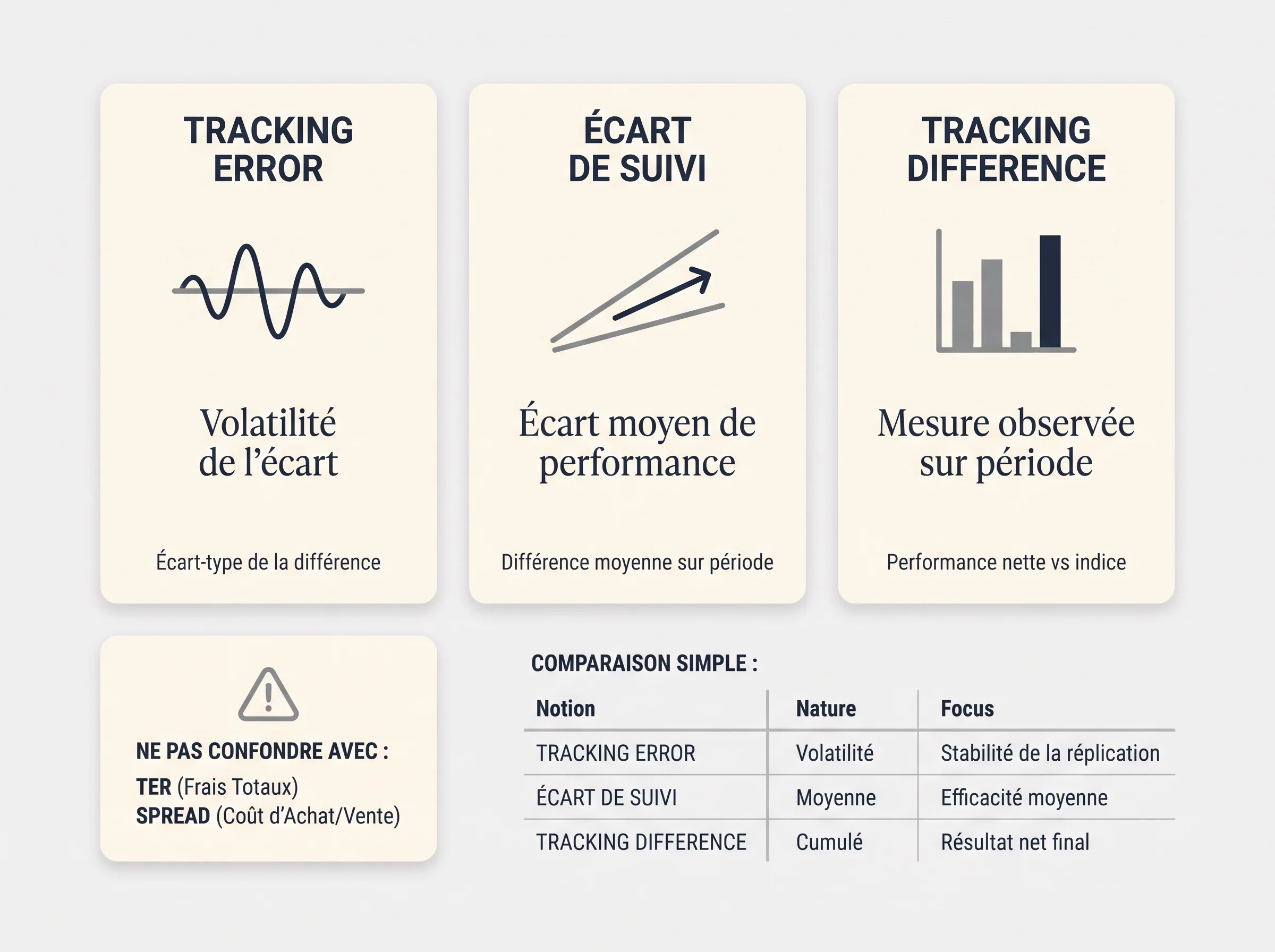 Schéma comparatif entre tracking error, écart de suivi et tracking difference
